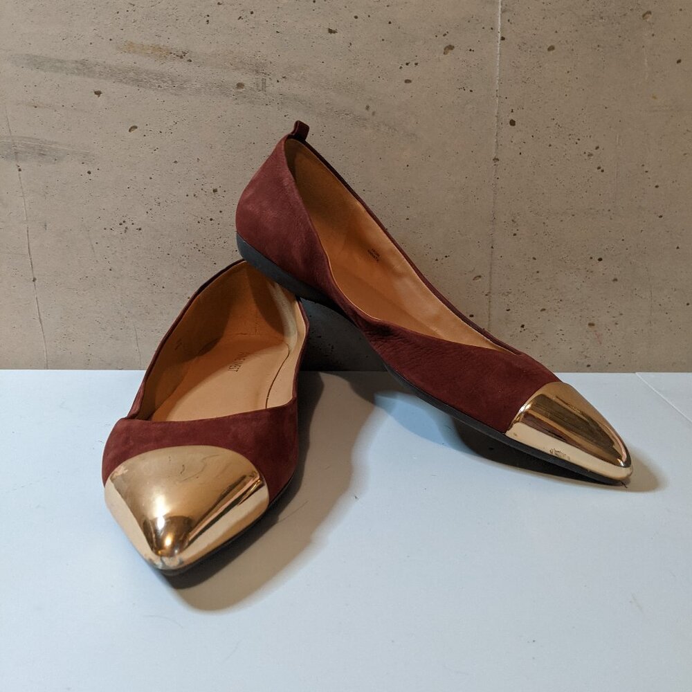 Women's Nine West Maroon Flats - Pointed and Gold Toed - Size 10.5